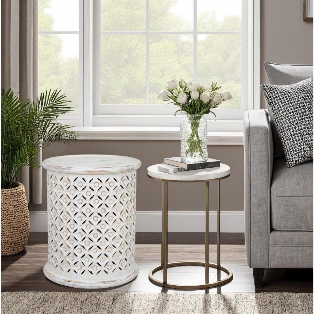 Elegant White Distressed Hardwood Drum End Table for Contemporary Spaces