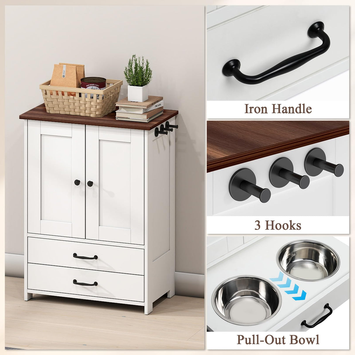 Elevated Dog Feeding Station with Storage Cabinet & Leash Hooks