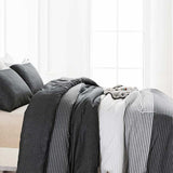 Queen Comforter Set, Grey & Black Patchwork Stripe Pattern Print Reversible Comforter
