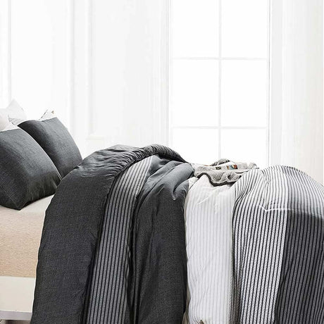 Queen Comforter Set, Grey & Black Patchwork Stripe Pattern Print Reversible Comforter