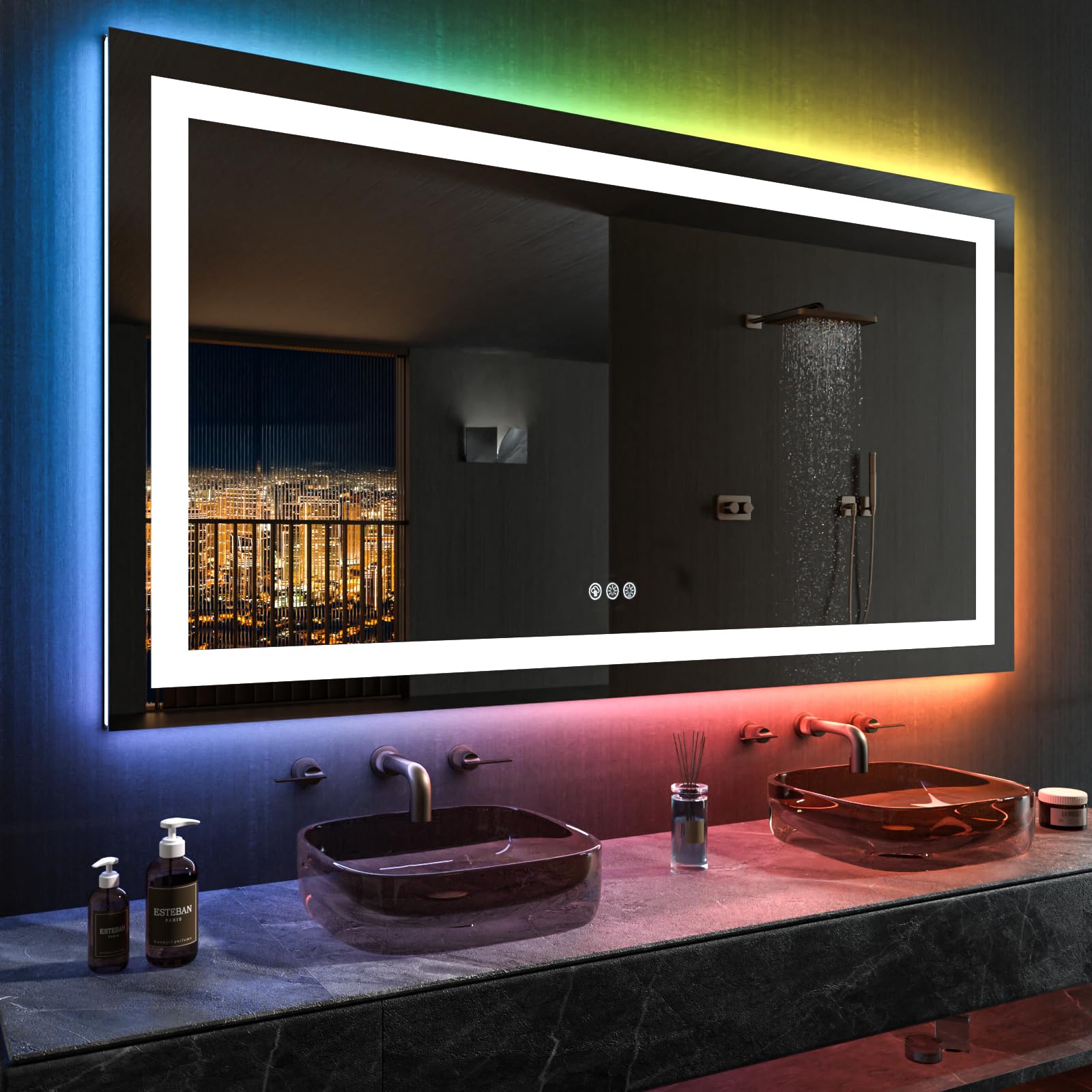 60”X36“ RGB LED Bathroom Mirror with Lights, Large, Anti-Fog, Dimmable Smart