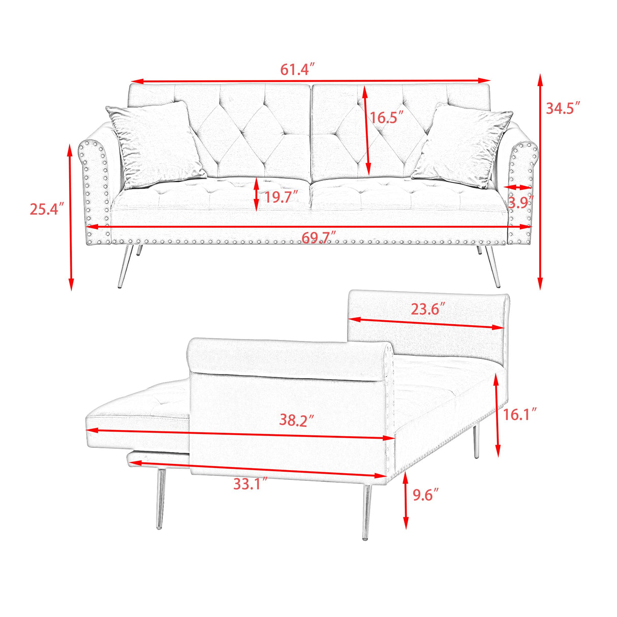 Velvet Futon Sofa Bed with 5 Golden Metal Legs, 2 Seater Loveseat Sleeper Couch with Nail Head Trim and Two Pillows, Convertible Sofa & Couches for Living Room and Bedroom,Small Space