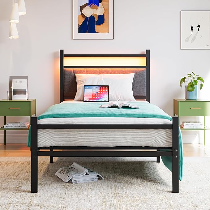Frame with Upholstered Headboard and Charging Station, LED Lights Bed Frames
