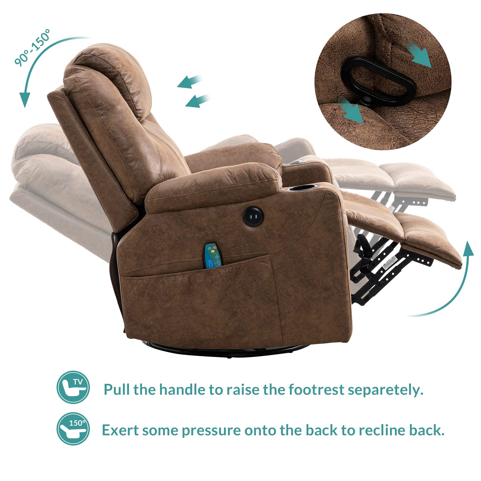 MeetWarm Swivel Massage Recliner – Bronzing Suede, Heat, USB, Cup Holders