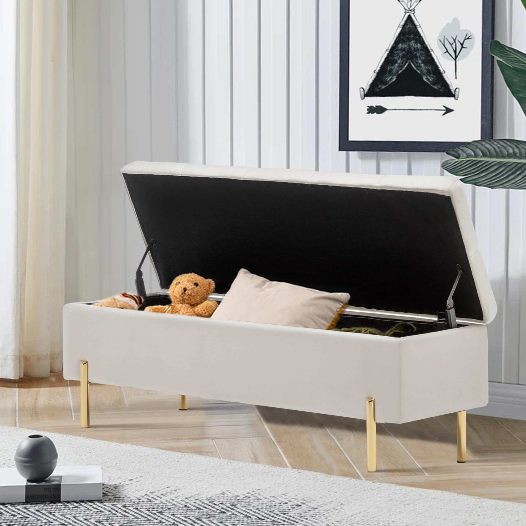 Velvet Storage Bench Bedroom End of Bed Upholstered Tufted Settee Bench