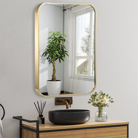 24x36 Inch Gold Bathroom Mirror, Brushed Brass Gold Metal Framed Rectangular