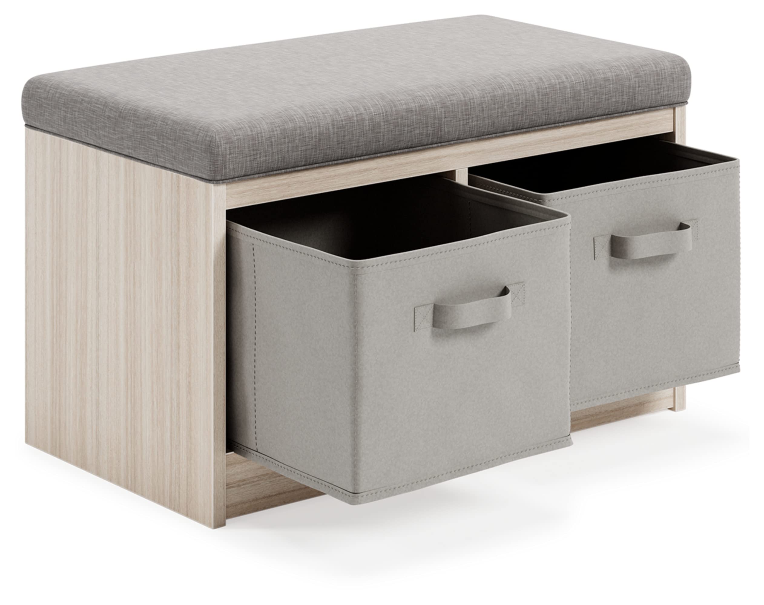 Upholstered Storage Bench with Removable Baskets, Gray