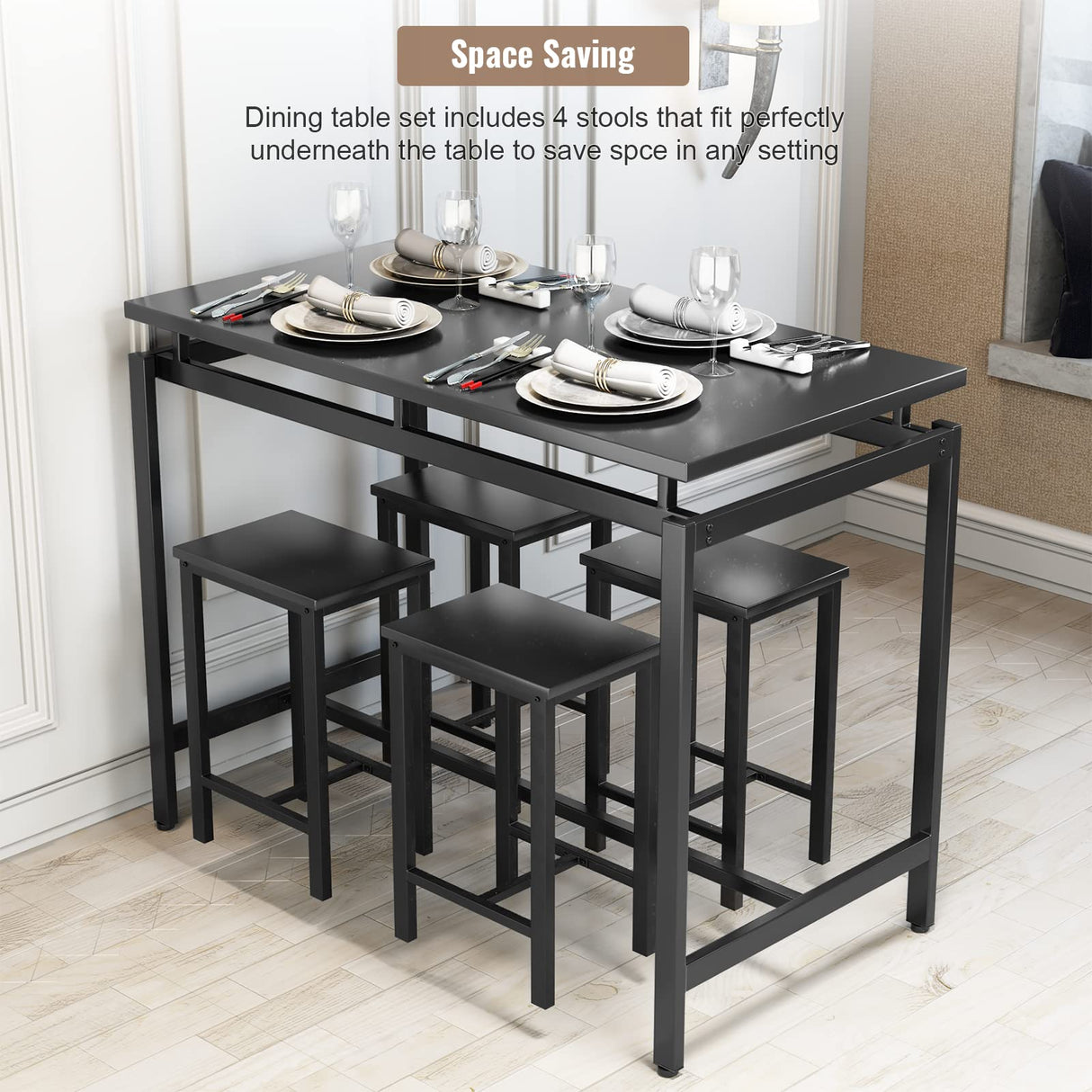 5 Pieces Dining Table Set for 4,Black Bar Table Set with 4 Bar Stools Counter Height Bar