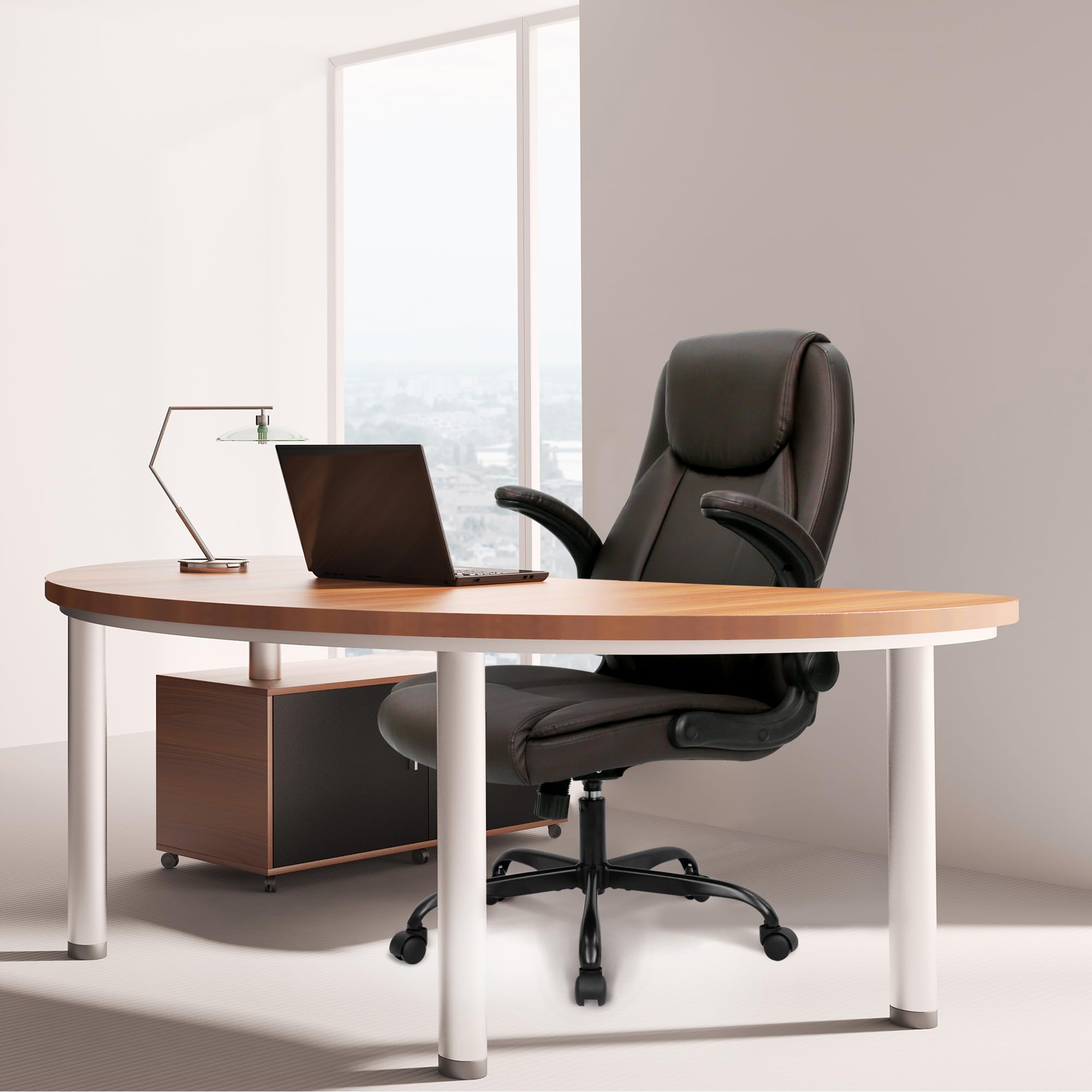 Ergonomic Office Chair PU Leather Executive Chair Padded Flip Up Armrest Computer Chair Adjustable Height High Back Lumbar Support Wheels Swivel