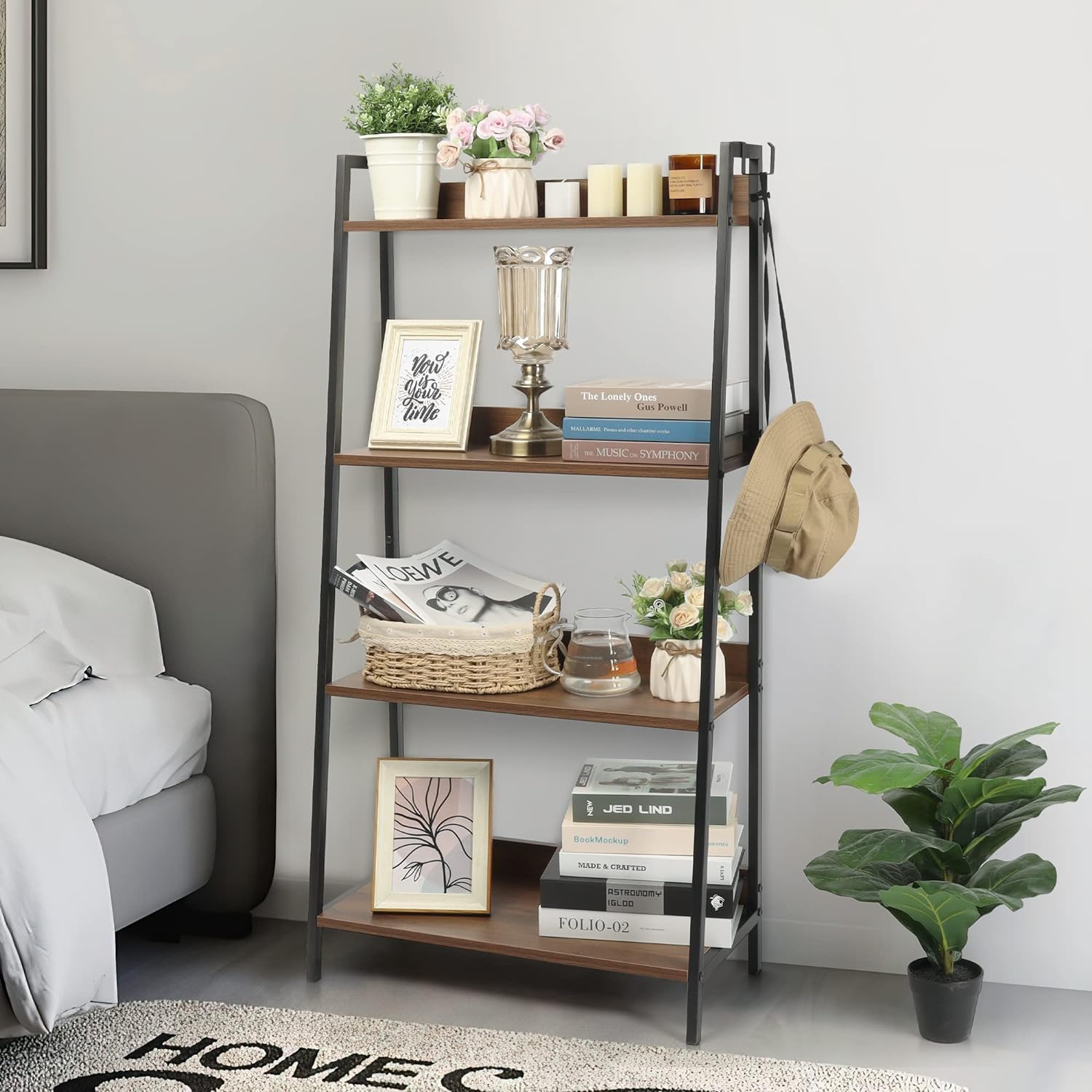 Bookshelf 4-Tier, 23.5inch Ladder Shelf, Industrial Bookcases, Etagere Utility Organizer