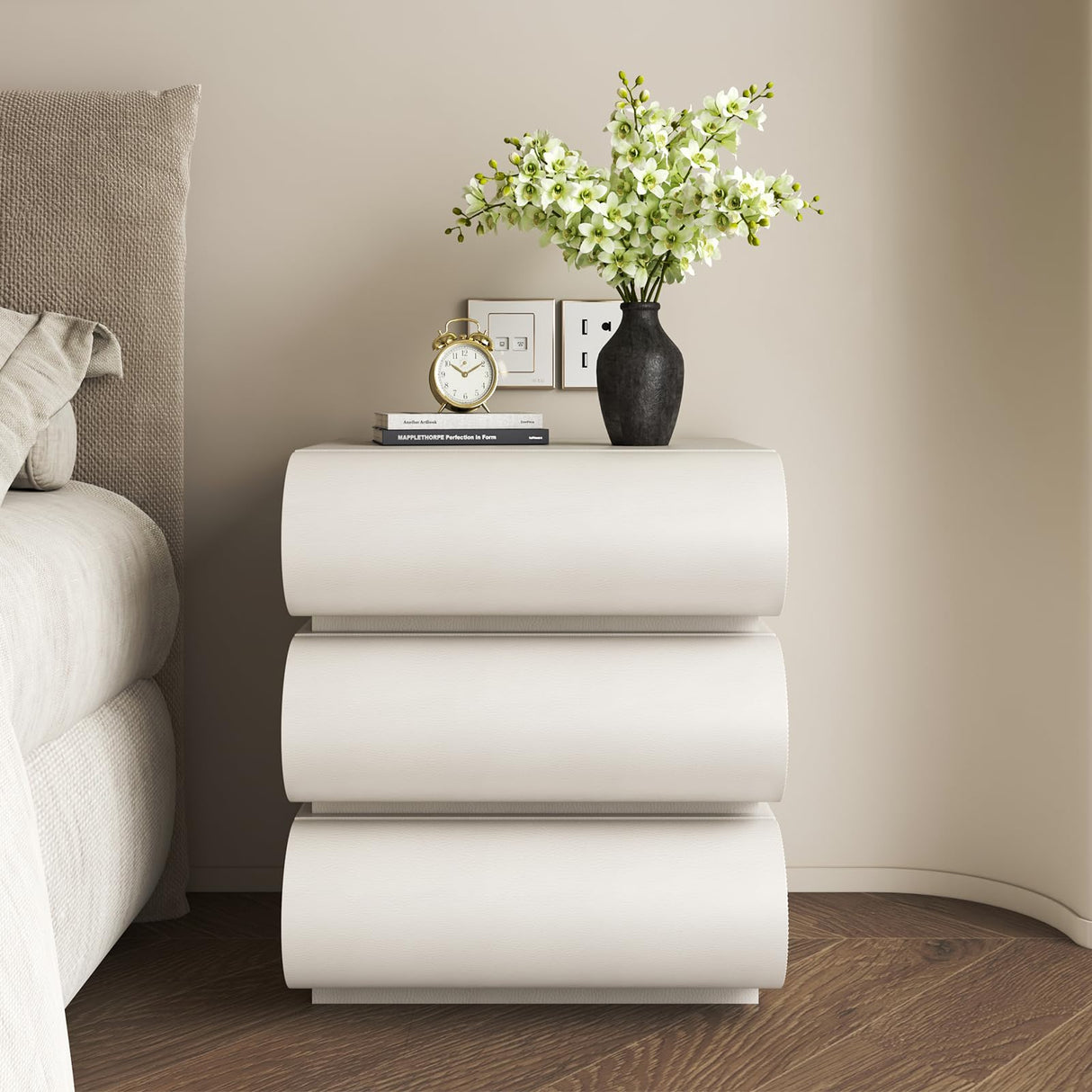 White Nightstand with 3 Solid Wood Drawers - Leather Bedside Table for Bedroom/Living