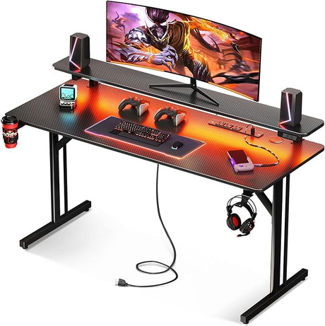 Small Gaming Desk with LED Lights & Power Outlets, 31 Inch Computer Desk Gaming Table