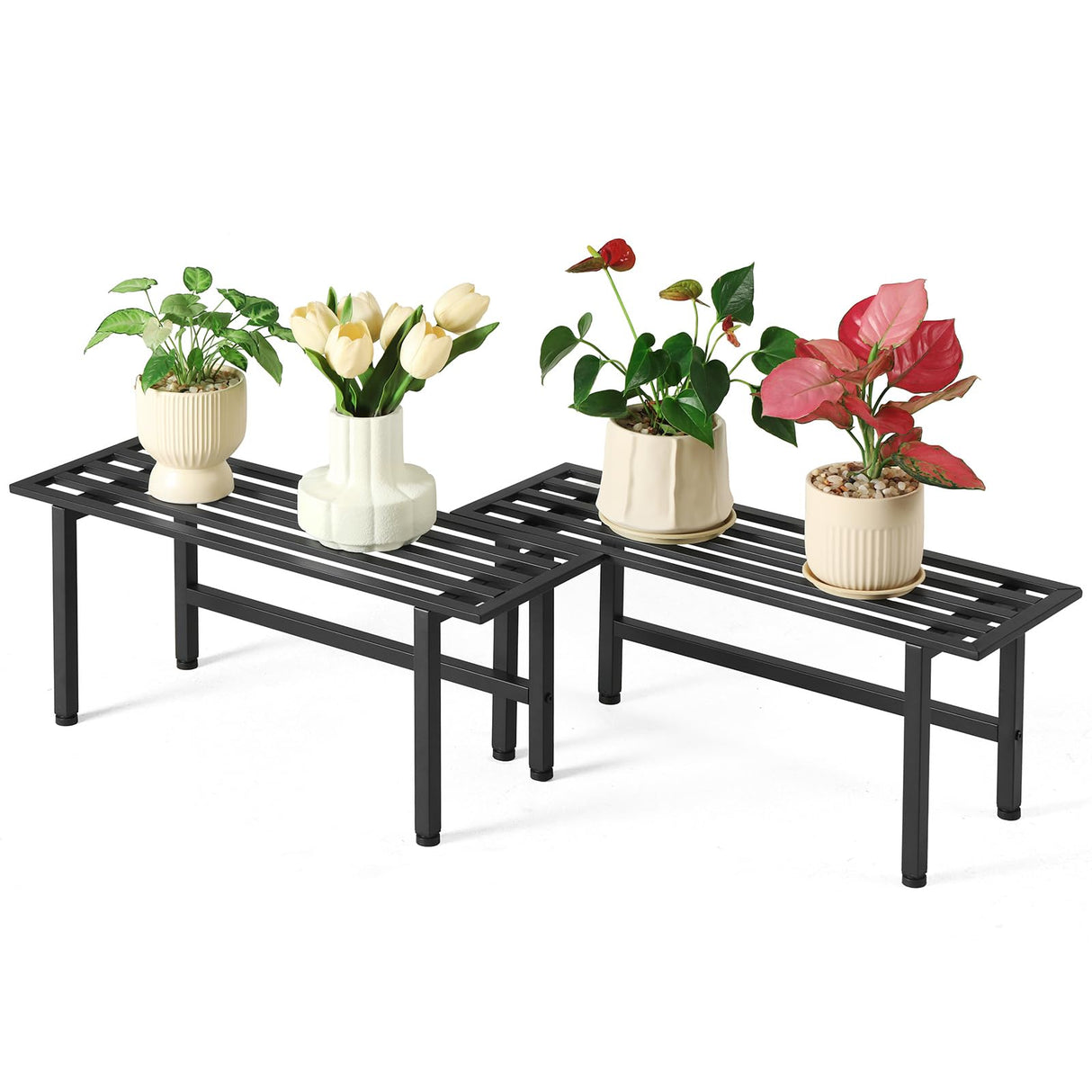 Dipion 2 Pack Metal Plant Stand Outdoor Plant Shelf Indoor,1 Tier Heavy Duty Plant Stands for Multiple Plants,26" L x 10.12" H x 8.75" W,Black