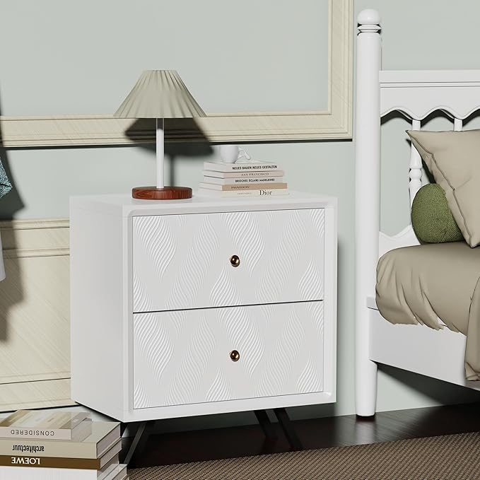 Modern Nightstand with 2-Drawer and Wave Pattern Design