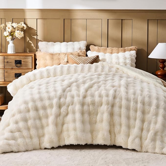 Faux Fur Queen Comforter Set – Pink Fluffy Comforter Queen Size, Big Bubble Faux Rabbit