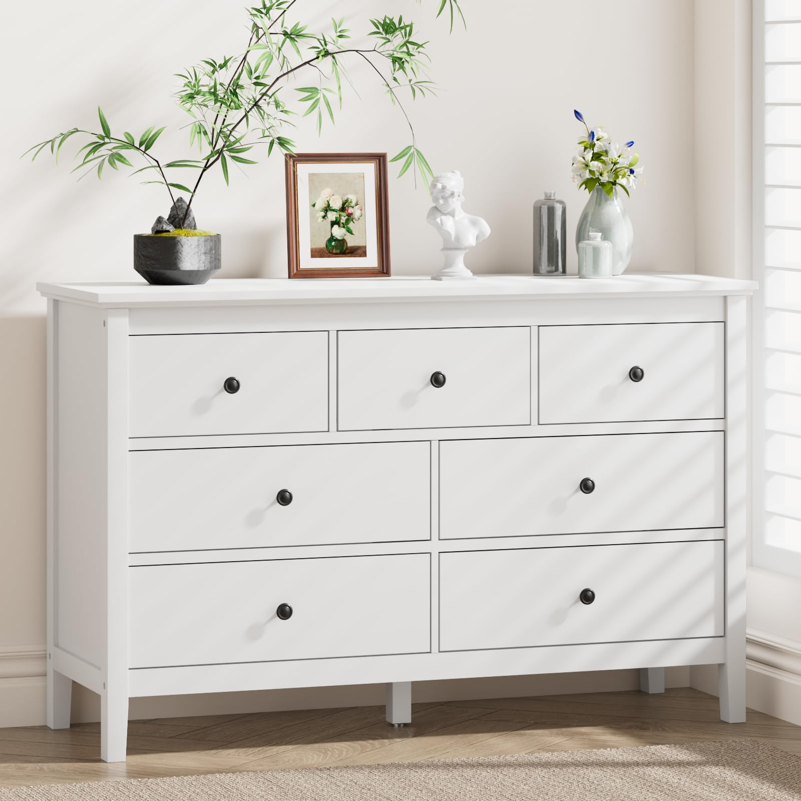 White Dresser for Bedroom, 7 Drawer Dresser with Wide Drawers and Metal Handles