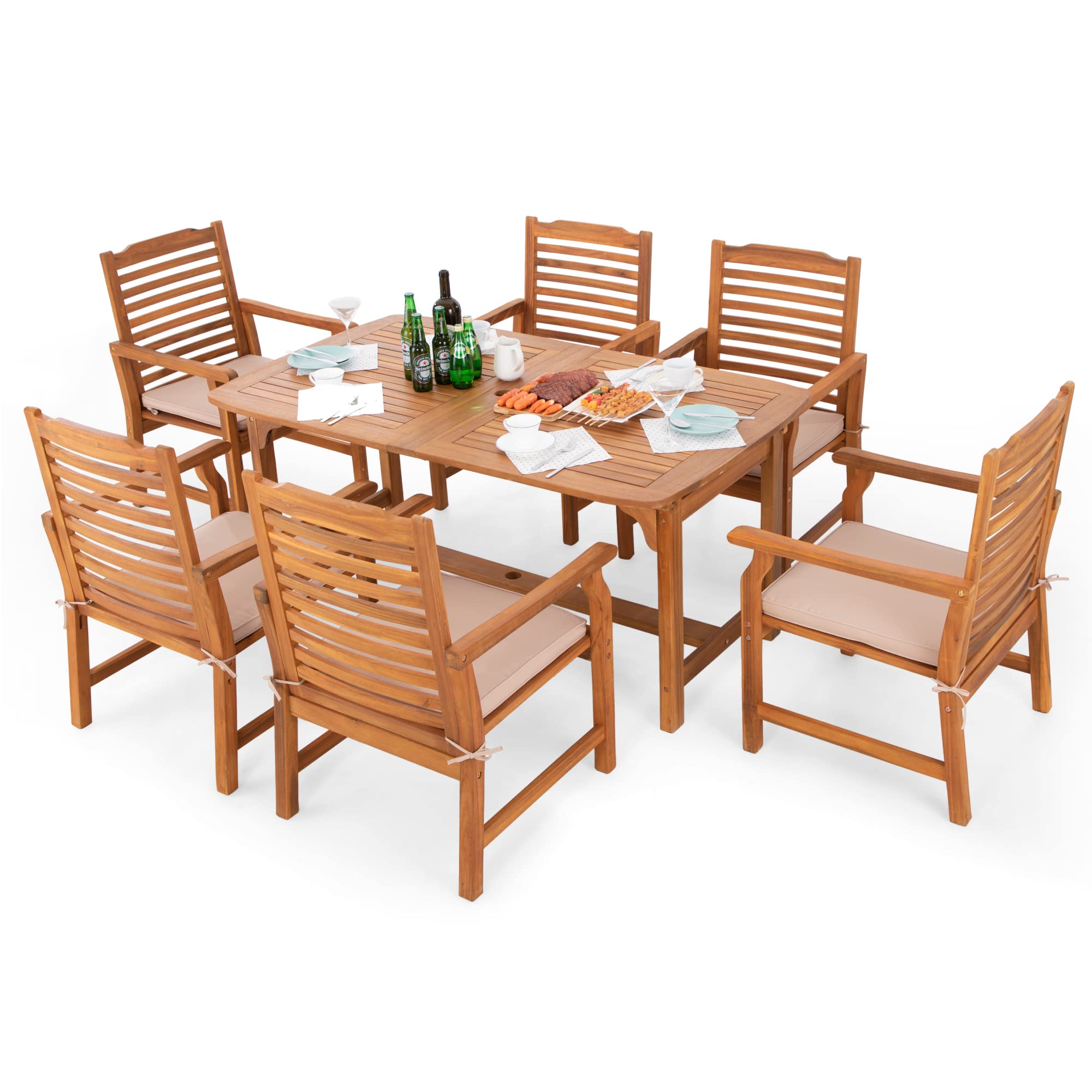 7 Pieces Patio Dining Set, Outdoor Table Chairs Set for 6, 1 x Rectangular Expandable Acacia Wood Table