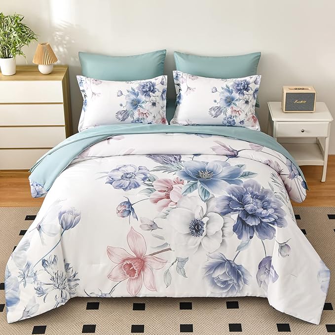 Floral Comforters Queen Size 7 Pieces Botanical Pink Bed in a Bag Ulter Soft