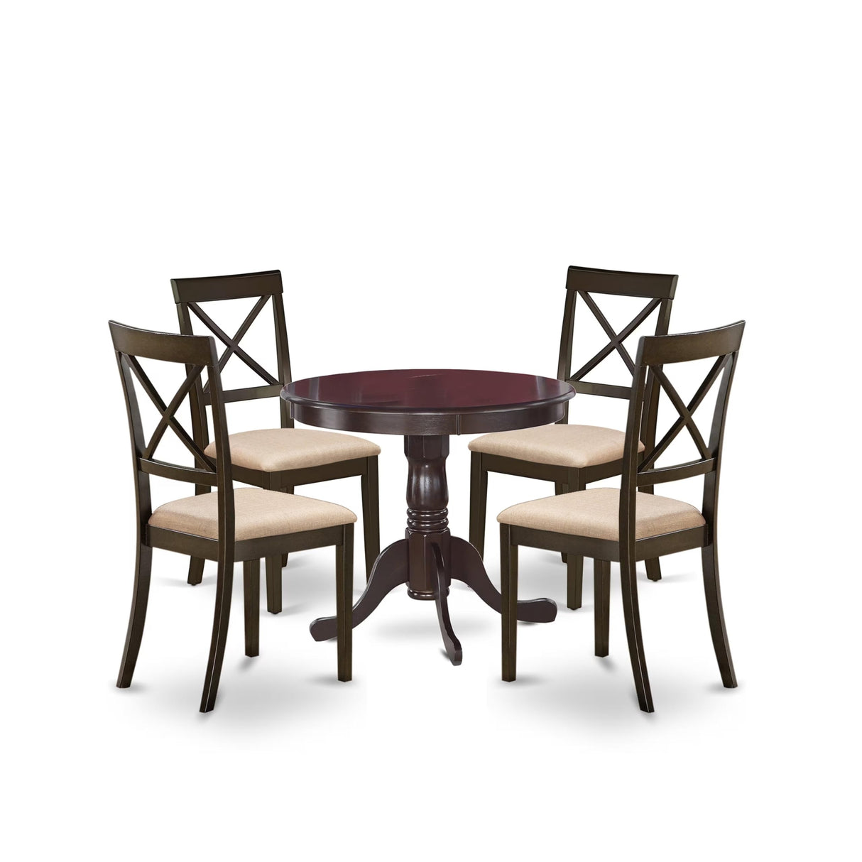 East West Furniture ANBO5-CAP-C 5 Piece Kitchen Table Set for 4 Includes a Round Dining able with Pedestal and 4 Linen Fabric Upholstered Dining Chairs, 36x36 Inch, Cappuccino