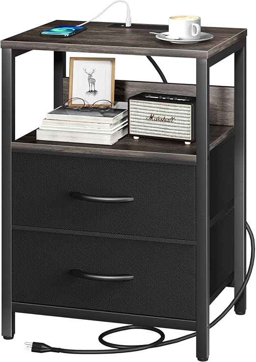 Nightstand with Charging Station, Small Night Stand with Fabric Drawers