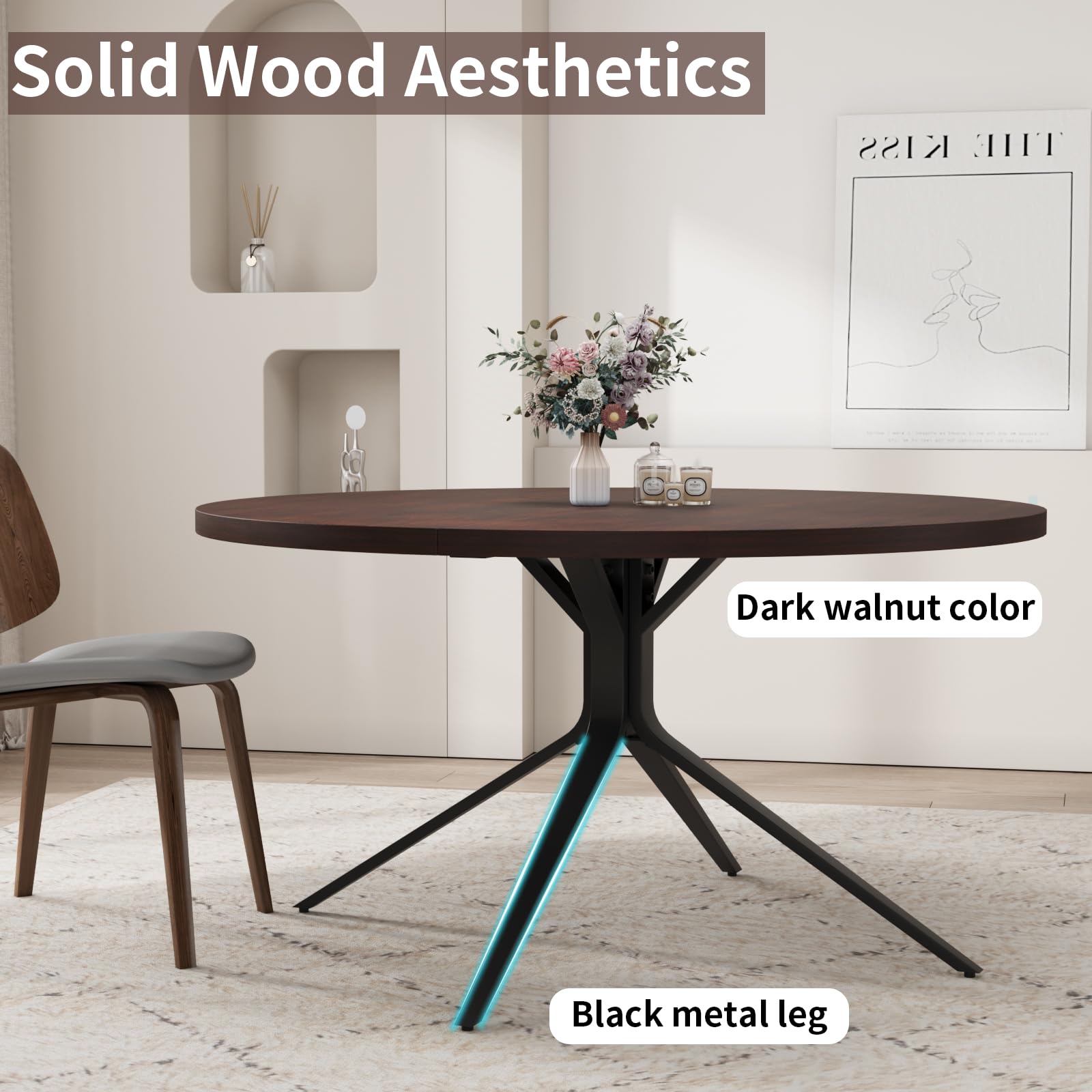 47-Inch Round Solid Wood Dining Table for 4-6 People