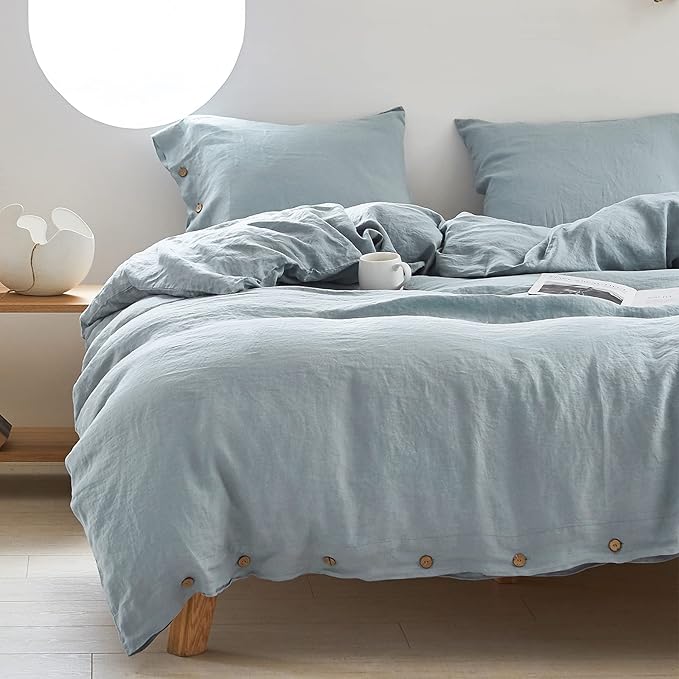 100% Linen Duvet Cover Set, 3 PCS Natural French Flax Natural Linen Ruffle Duvet Cover