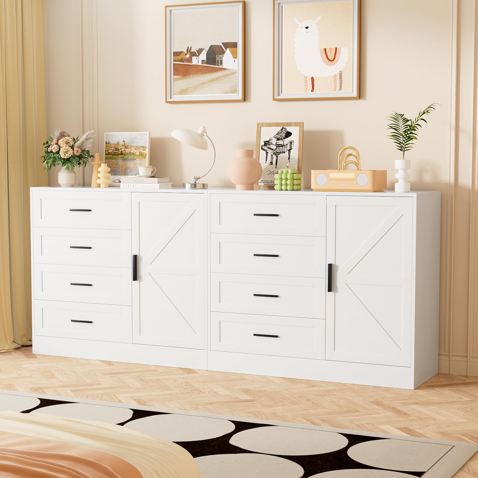 4 Drawer Dresser with Barn Door, Wooden Storage Cabinet with Drawers and Shelves