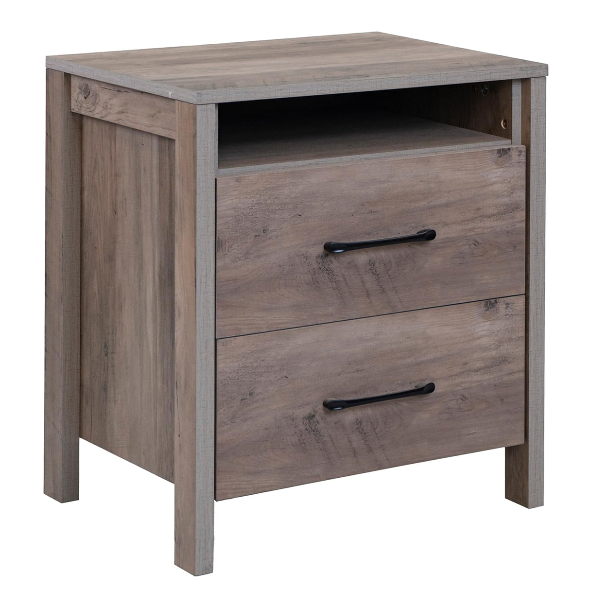 Farmhouse Nightstand, Rustic Wood Bedside Table with 2 Storage Drawers & Open Shelf,