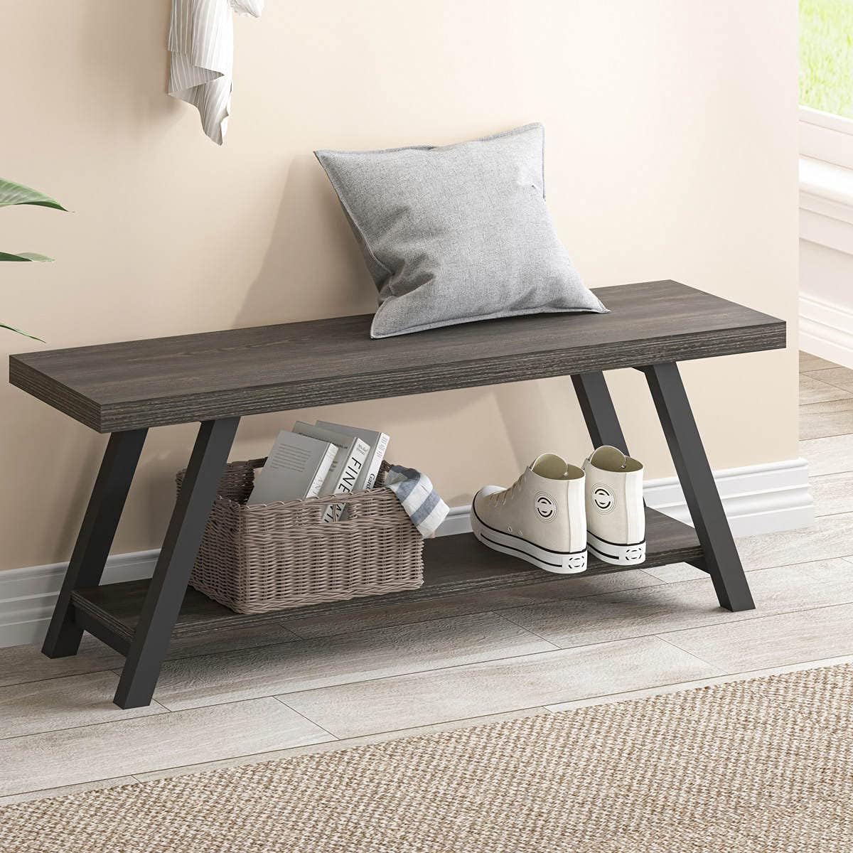 Storage Bench, Industrial Indoor Entryway Bench, Wood Metal Hallway Accent Bench