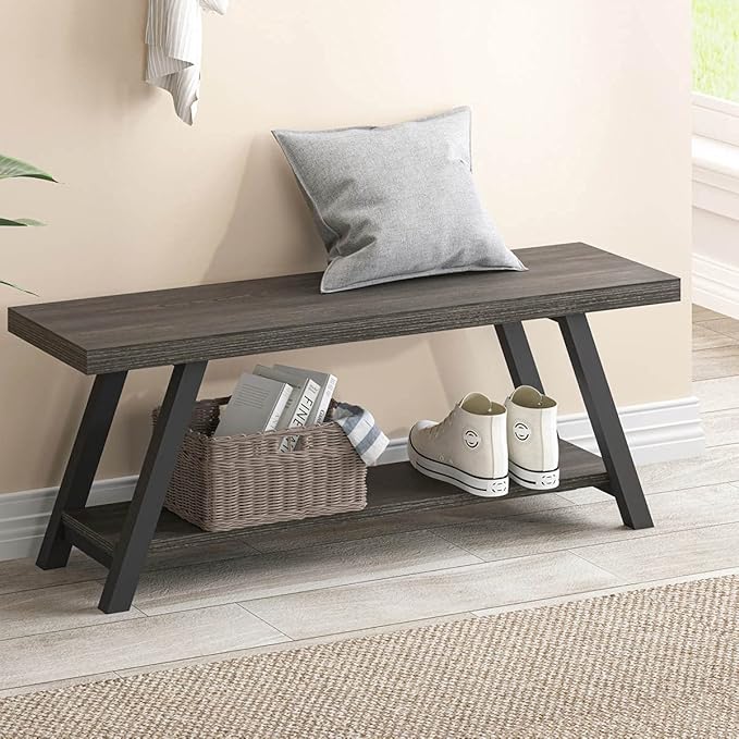 Storage Bench, Industrial Indoor Entryway Bench, Wood Metal Hallway Accent Bench