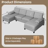 Walsunny Sectional Couches for Living Room, Convertible U-Shaped Sofa Couch with Double Chaise, 4 Seat Sofa Set Modular Sofa Couch for Apartment, Light Grey