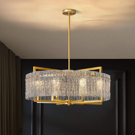 6-Light Modern Round Chandelier, Luxury Gold Drum Chandeliers, Water Ripple Glass