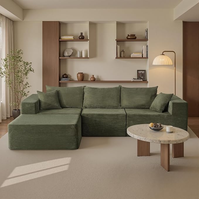 109" Modular Gray Corduroy Sofa with Side Pocket – Space-Saving Sectional Couch