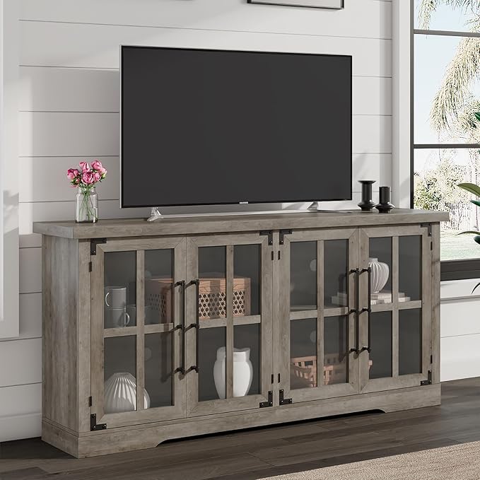 Farmhouse TV Stand with 4 Glass Doors, Modern Buffet Sideboard Cabinet