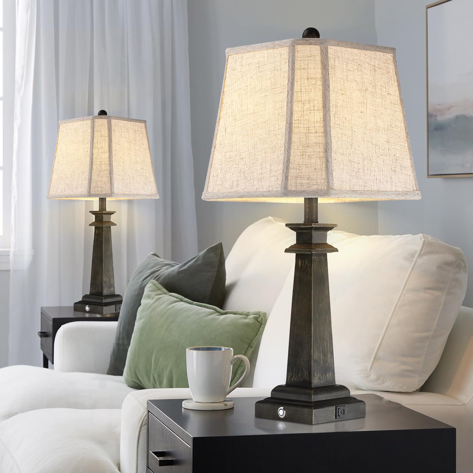 27.5" Farmhouse Table Lamps Set of 2 with USB Charging Ports
