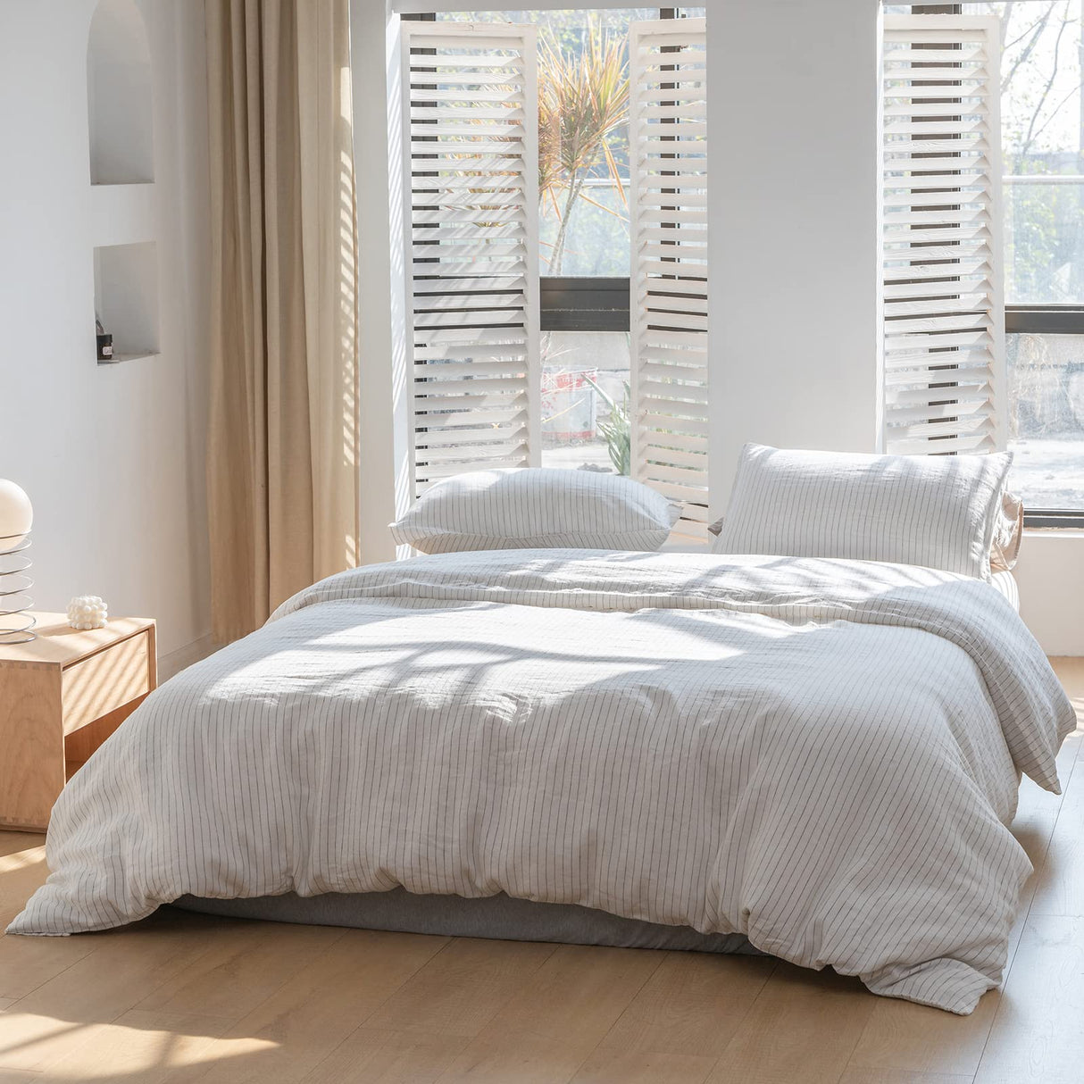 3Pcs Striped Washed Natural Flax Bedding Set