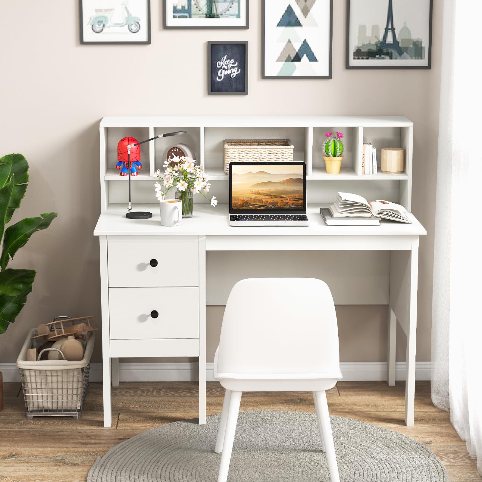 White Desk with Drawers & Hutch, Modern Home Office Desk Writing Study Desk
