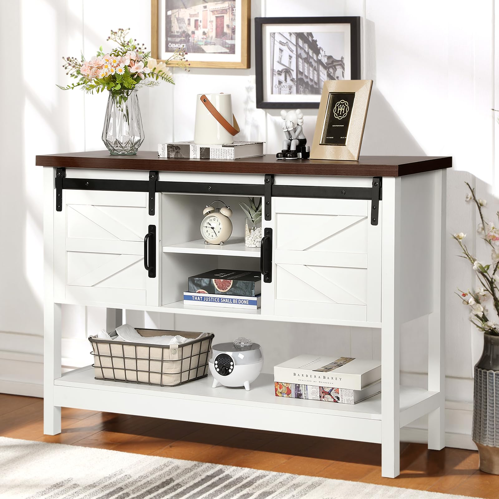 Console Table with Sliding Barn Doors, 46" Farmhouse Entryway Table