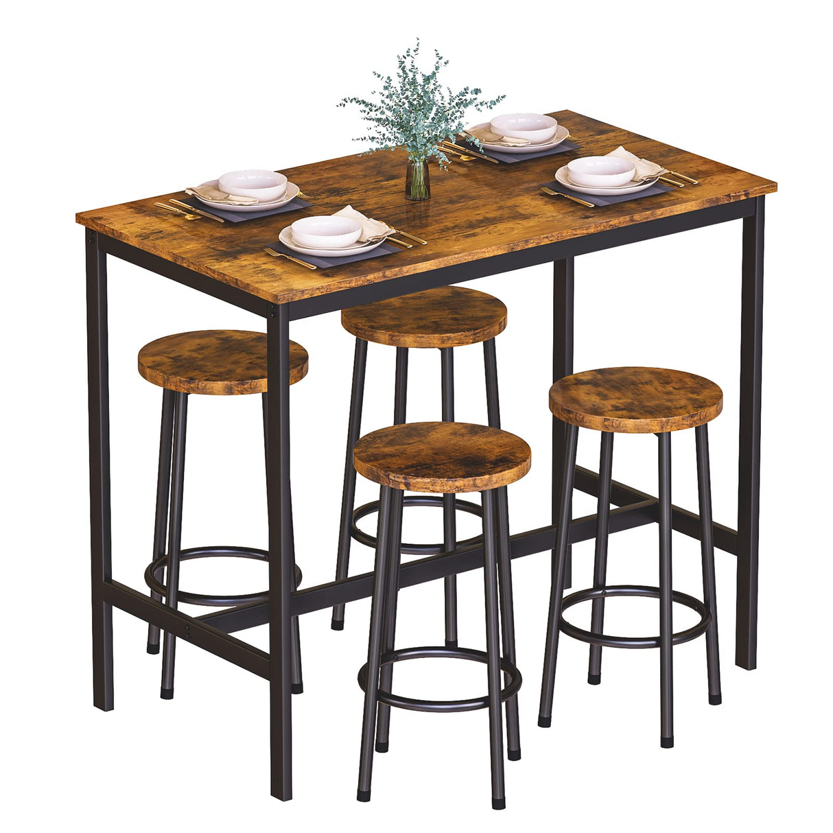 Bar Height Table and Chairs Bar Table with 4 Stools Industrial Counter Height Dining