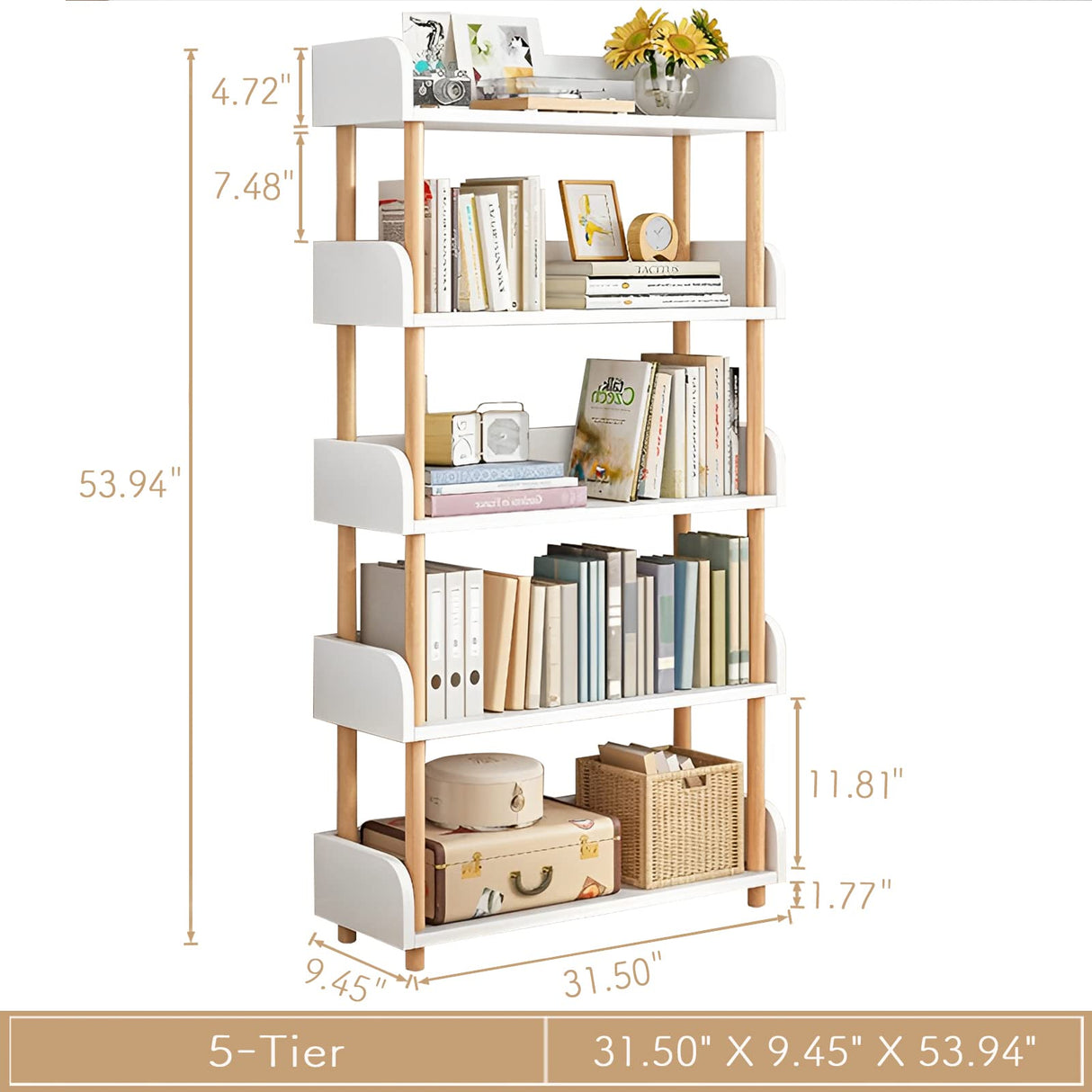 OSCHF 5-Tier Wooden Open Bookcase - Modern Display Bookshelf with Side Panels and Solid Wood Frame for Home and Office, Shelf Unit in Warm White