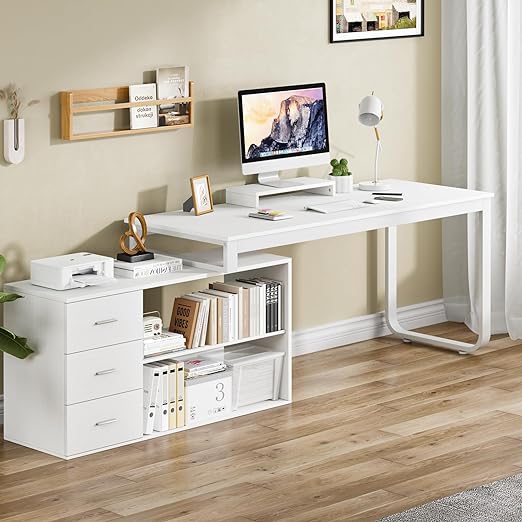 55 Inch L Shaped Desk with Drawers, Large Corner Computer Desk with 3 Drawers