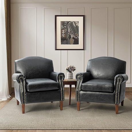 Set of 2 Faux Leather Accent Chair with Retro Wood Legs, Comfy Upholstered Armchair