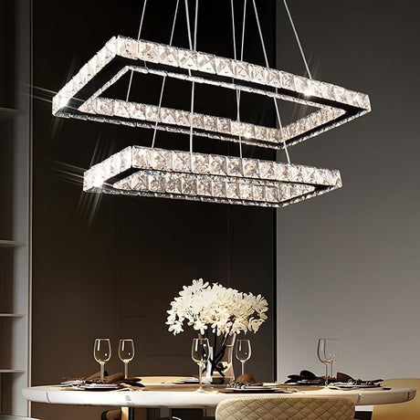 Modern Chandelier 2 Rings Rectangular Crystal Chandeliers LED Pendant Light Adjustable