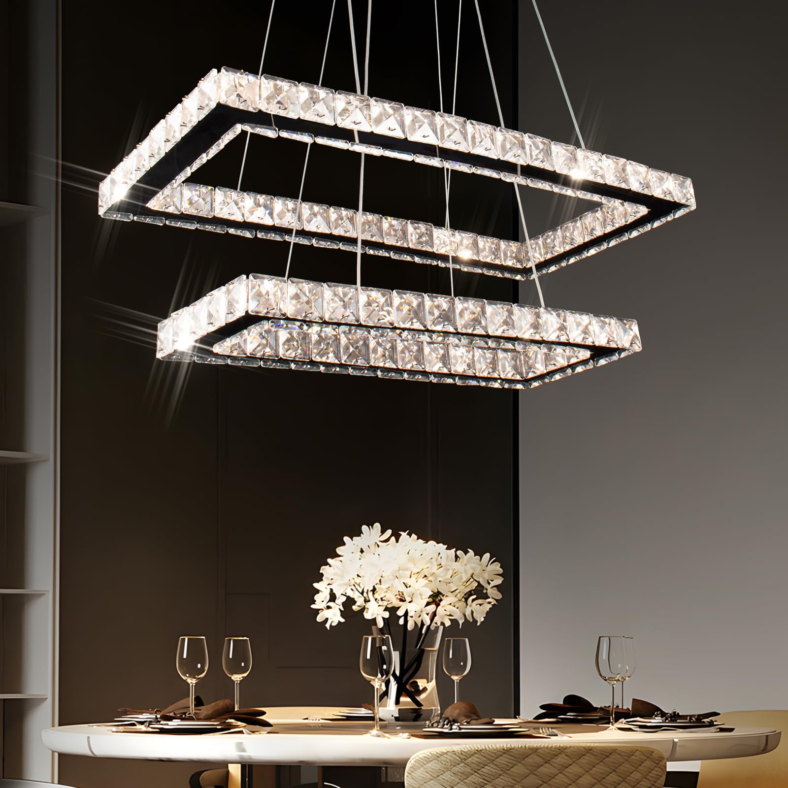 Modern Chandelier 2 Rings Rectangular Crystal Chandeliers LED Pendant Light Adjustable