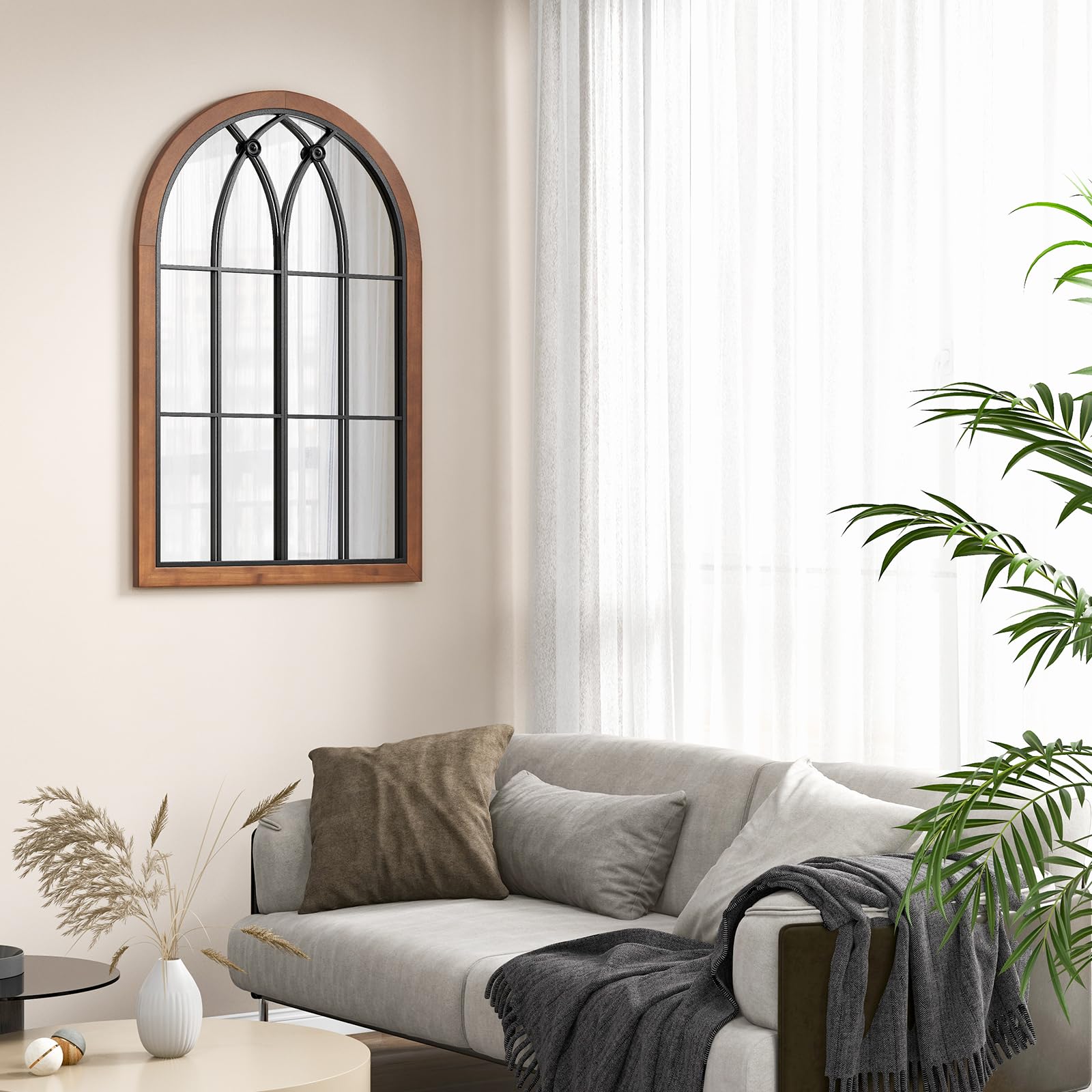 Arched Window Wall Mirror, 36''L x 24''W Farmhouse Accent Mirror, Rustic Wood Framed Mirror for Living Room Entryway Hallway Mantel Kitchen Wall Decor