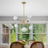 6 Lights Modern Glass Globe Chandelier Mid Century Brass Branches Milky White Ball