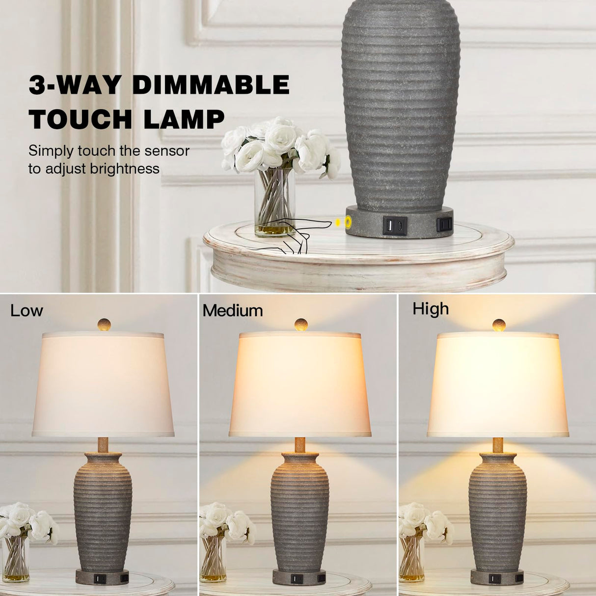 25" Farmhouse Jar Table Lamps Set of 2, 3 Way Touch Control Rustic