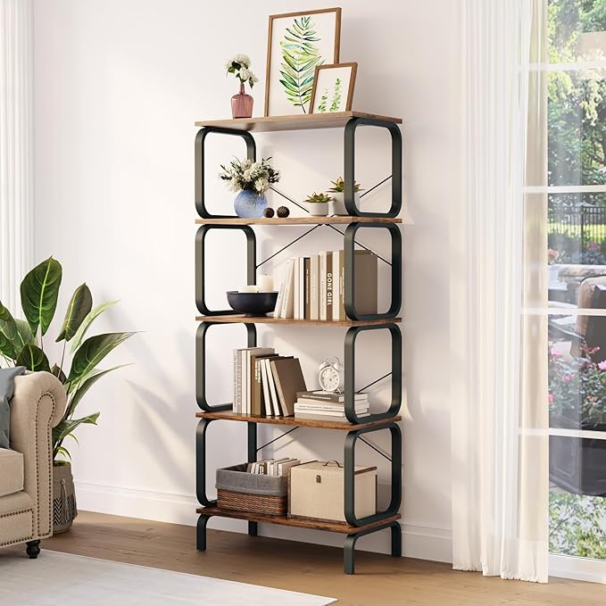 Book Shelf, 5 Tier Bookcase, Modern Tall Bookshelf for CDs/Movies/Books