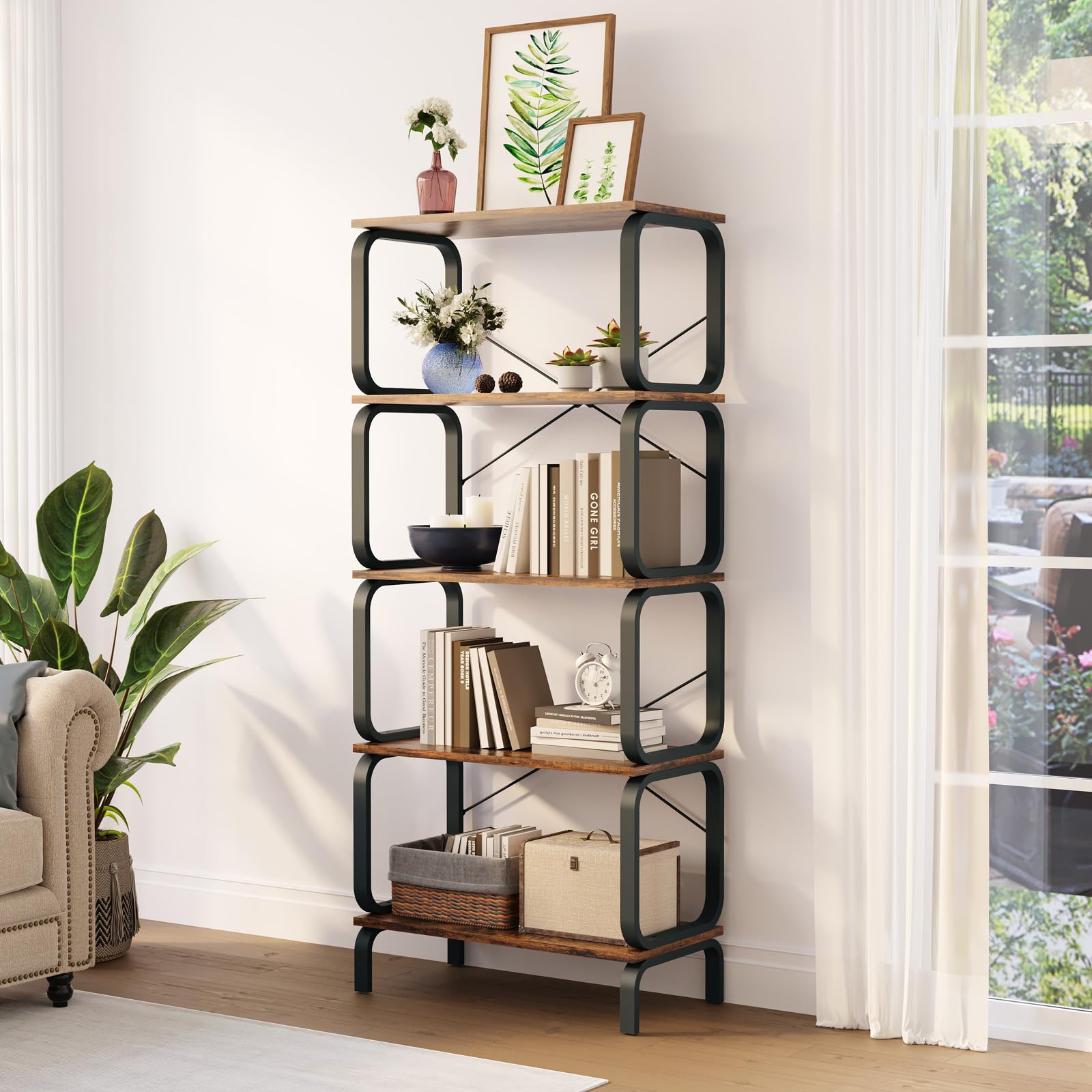 Book Shelf, 5 Tier Bookcase, Modern Tall Bookshelf for CDs/Movies/Books