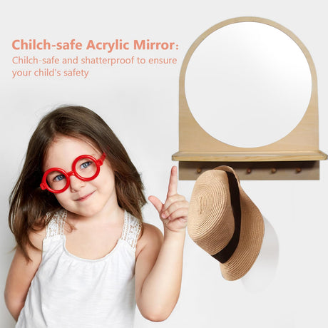 Wooden and Acrylic Wall Mirror for Kids with Hooks and Shelf